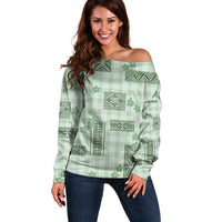 Hawaiian Quilt Tapa On Pastel Mint Palaka Motifs Off Shoulder Sweater LT7 Women Mint - Polynesian Pride