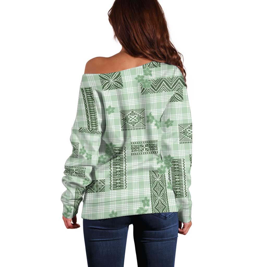 Hawaiian Quilt Tapa On Pastel Mint Palaka Motifs Off Shoulder Sweater LT7 - Polynesian Pride