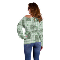 Hawaiian Quilt Tapa On Pastel Mint Palaka Motifs Off Shoulder Sweater LT7 - Polynesian Pride