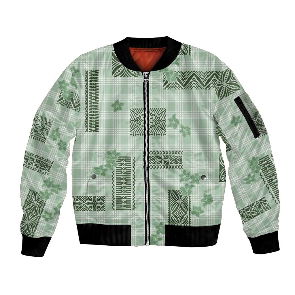 Hawaiian Quilt Tapa On Pastel Mint Palaka Motifs Sleeve Zip Bomber Jacket LT7 Unisex Mint - Polynesian Pride