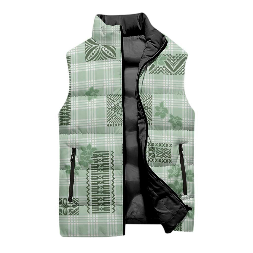 Hawaiian Quilt Tapa On Pastel Mint Palaka Motifs Sleeveless Puffer Jacket