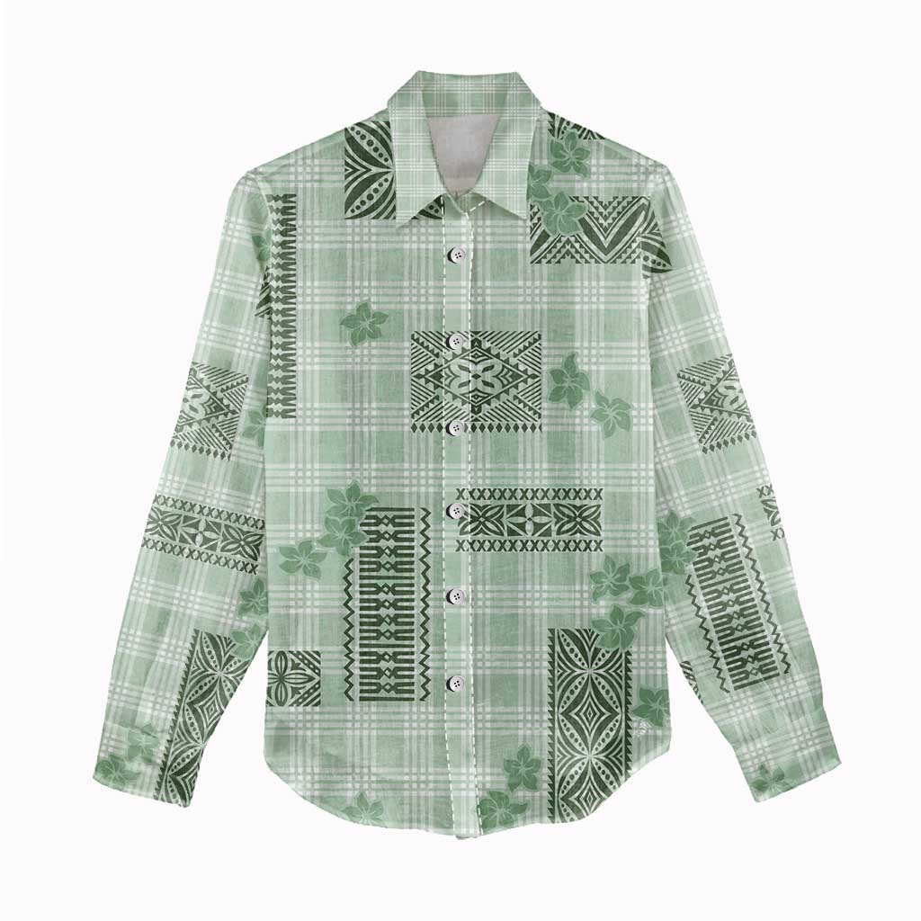 Hawaiian Quilt Tapa On Pastel Mint Palaka Motifs Women Casual Shirt