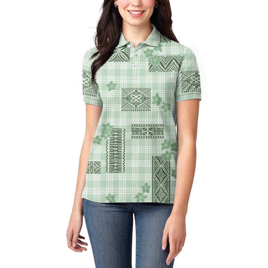 Hawaiian Quilt Tapa On Pastel Mint Palaka Motifs Women Polo Shirt LT7 - Polynesian Pride