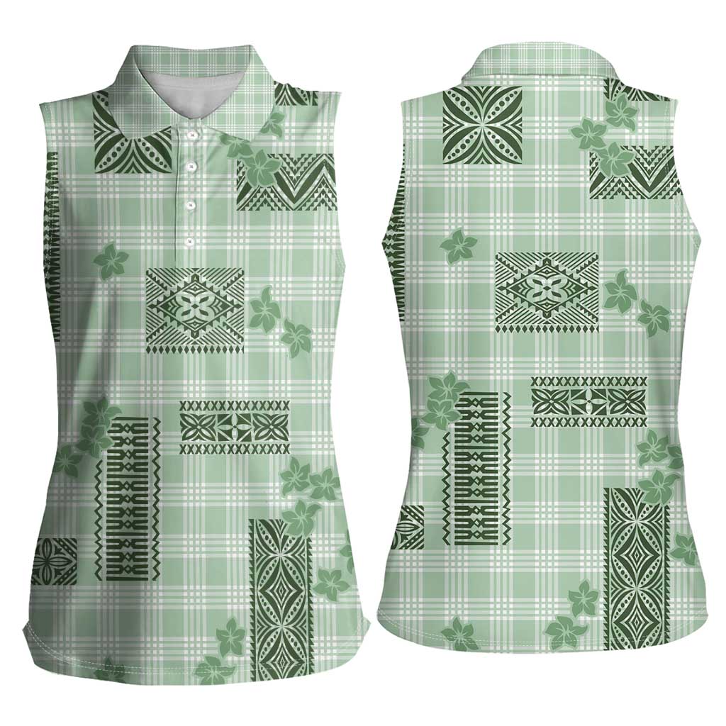 Hawaiian Quilt Tapa On Pastel Mint Palaka Motifs Women Sleeveless Polo Shirt
