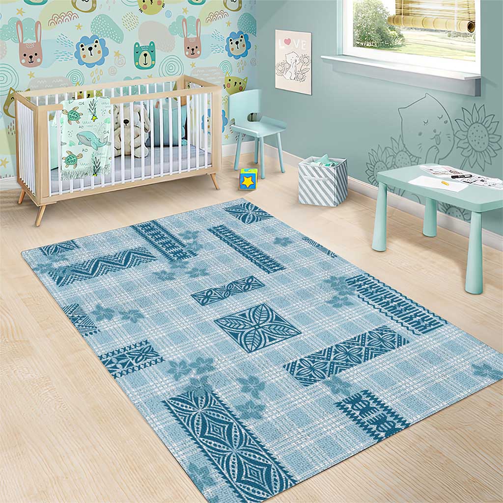 Hawaiian Quilt Tapa On Cold Blue Palaka Motifs Area Rug