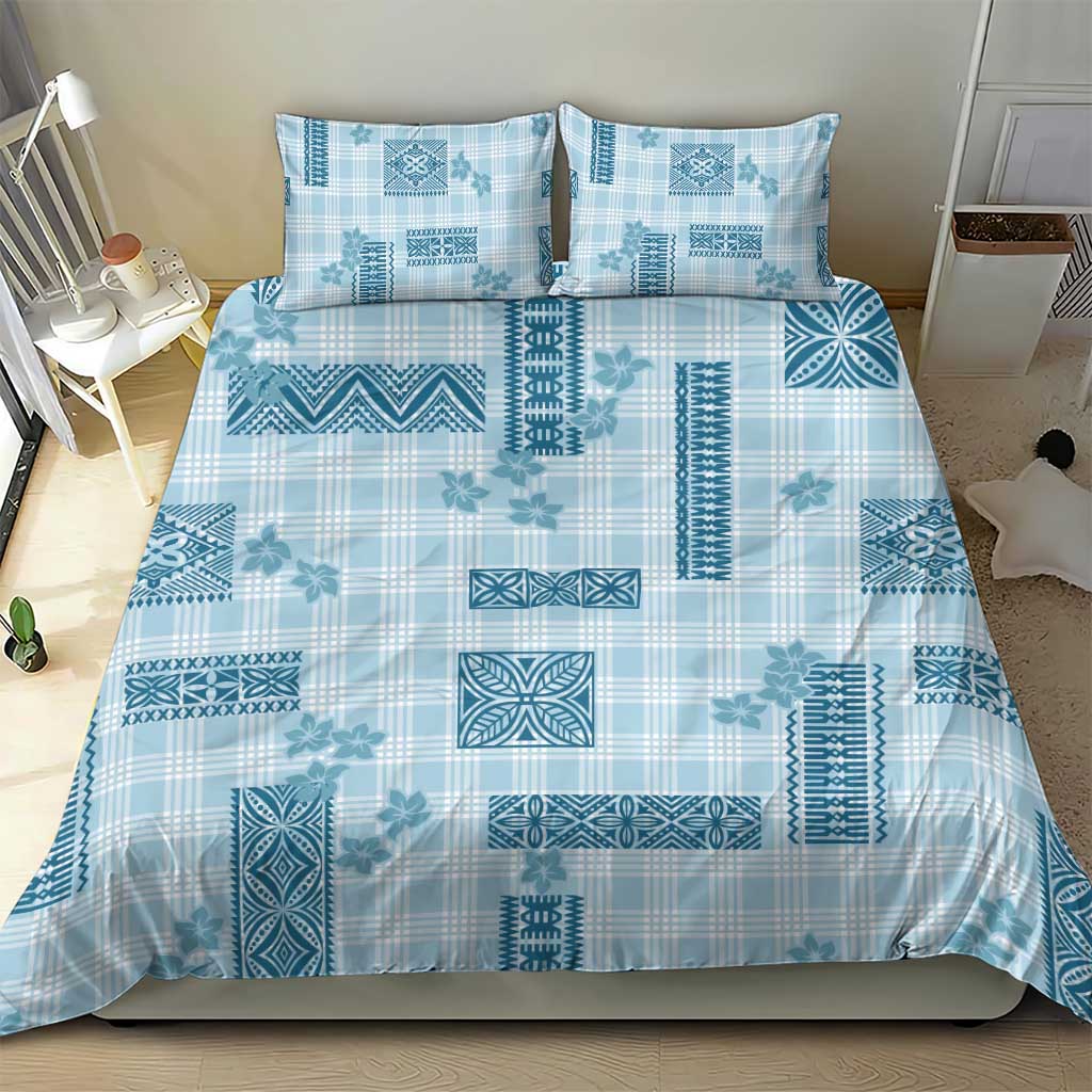 Hawaiian Quilt Tapa On Cold Blue Palaka Motifs Bedding Set