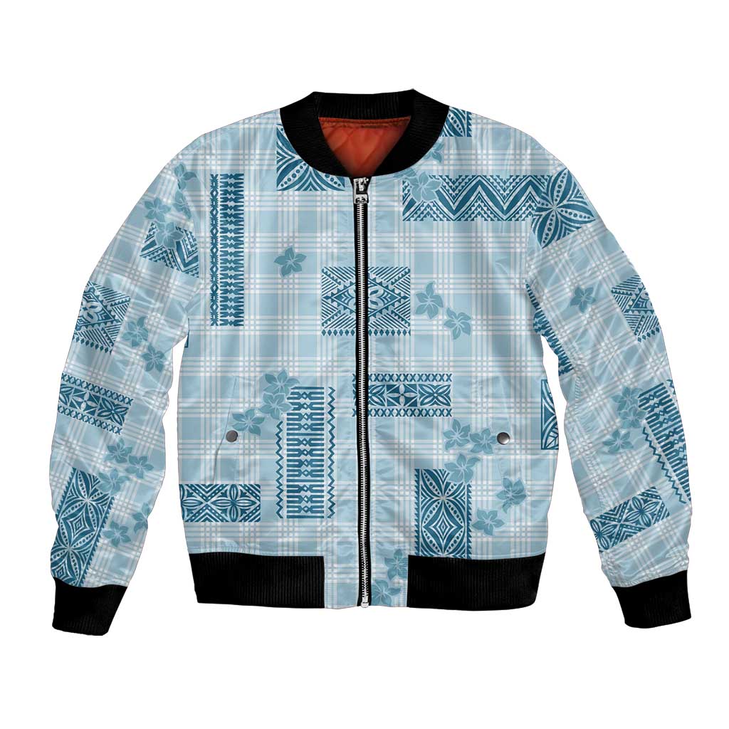 Hawaiian Quilt Tapa On Cold Blue Palaka Motifs Bomber Jacket