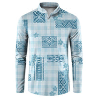 Hawaiian Quilt Tapa On Cold Blue Palaka Motifs Button Sweatshirt