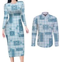 Hawaiian Quilt Tapa On Cold Blue Palaka Motifs Couples Matching Long Sleeve Bodycon Dress and Long Sleeve Button Shirt