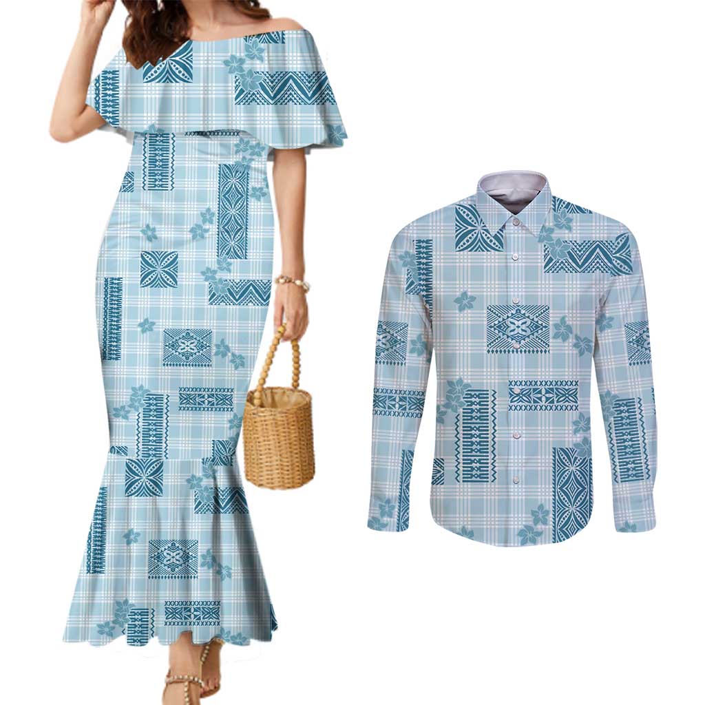 Hawaiian Quilt Tapa On Cold Blue Palaka Motifs Couples Matching Mermaid Dress and Long Sleeve Button Shirt