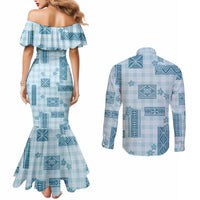 Hawaiian Quilt Tapa On Cold Blue Palaka Motifs Couples Matching Mermaid Dress and Long Sleeve Button Shirt