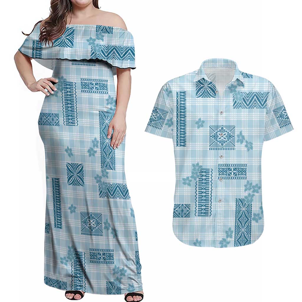 Hawaiian Quilt Tapa On Cold Blue Palaka Motifs Couples Matching Off Shoulder Maxi Dress and Hawaiian Shirt