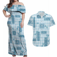 Hawaiian Quilt Tapa On Cold Blue Palaka Motifs Couples Matching Off Shoulder Maxi Dress and Hawaiian Shirt