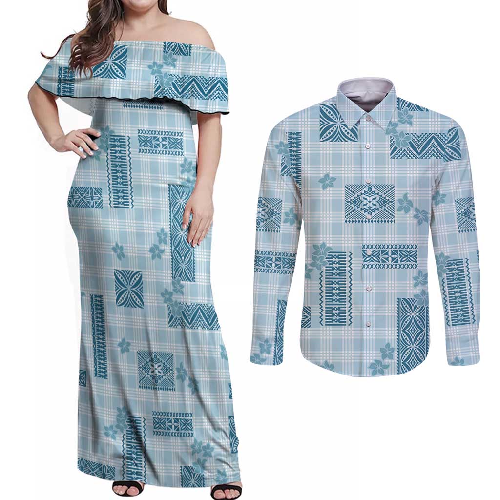 Hawaiian Quilt Tapa On Cold Blue Palaka Motifs Couples Matching Off Shoulder Maxi Dress and Long Sleeve Button Shirt