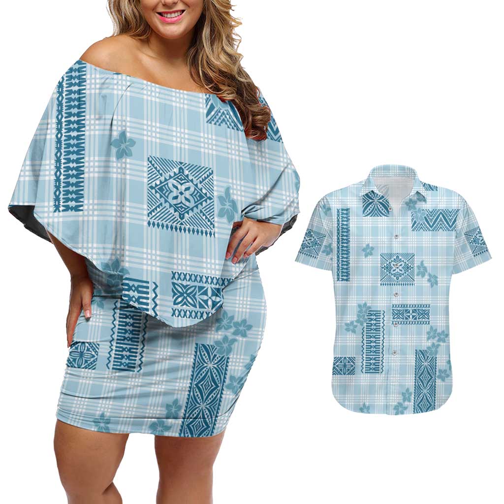 Hawaiian Quilt Tapa On Cold Blue Palaka Motifs Couples Matching Off Shoulder Short Dress and Hawaiian Shirt