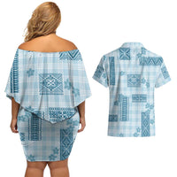 Hawaiian Quilt Tapa On Cold Blue Palaka Motifs Couples Matching Off Shoulder Short Dress and Hawaiian Shirt