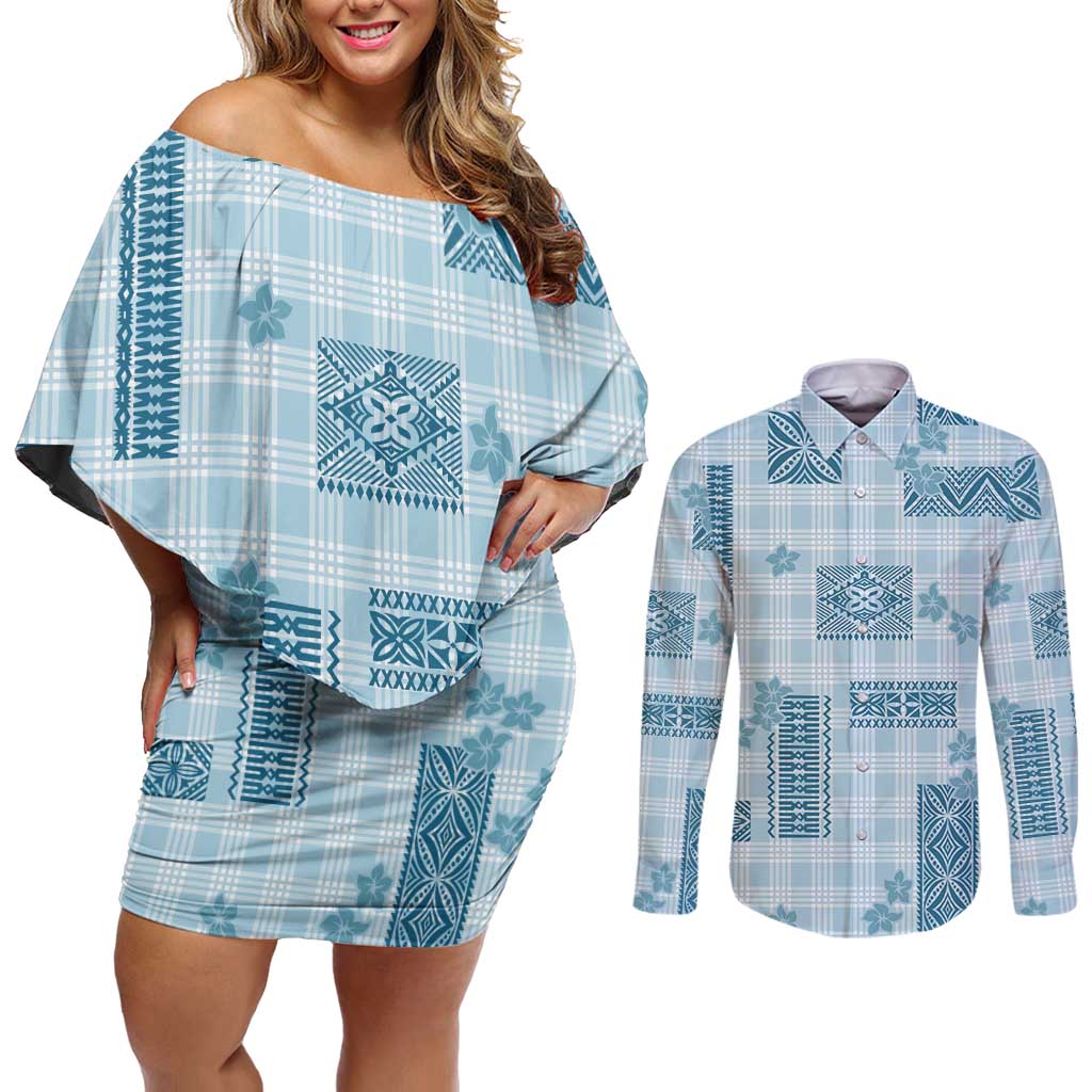 Hawaiian Quilt Tapa On Cold Blue Palaka Motifs Couples Matching Off Shoulder Short Dress and Long Sleeve Button Shirt