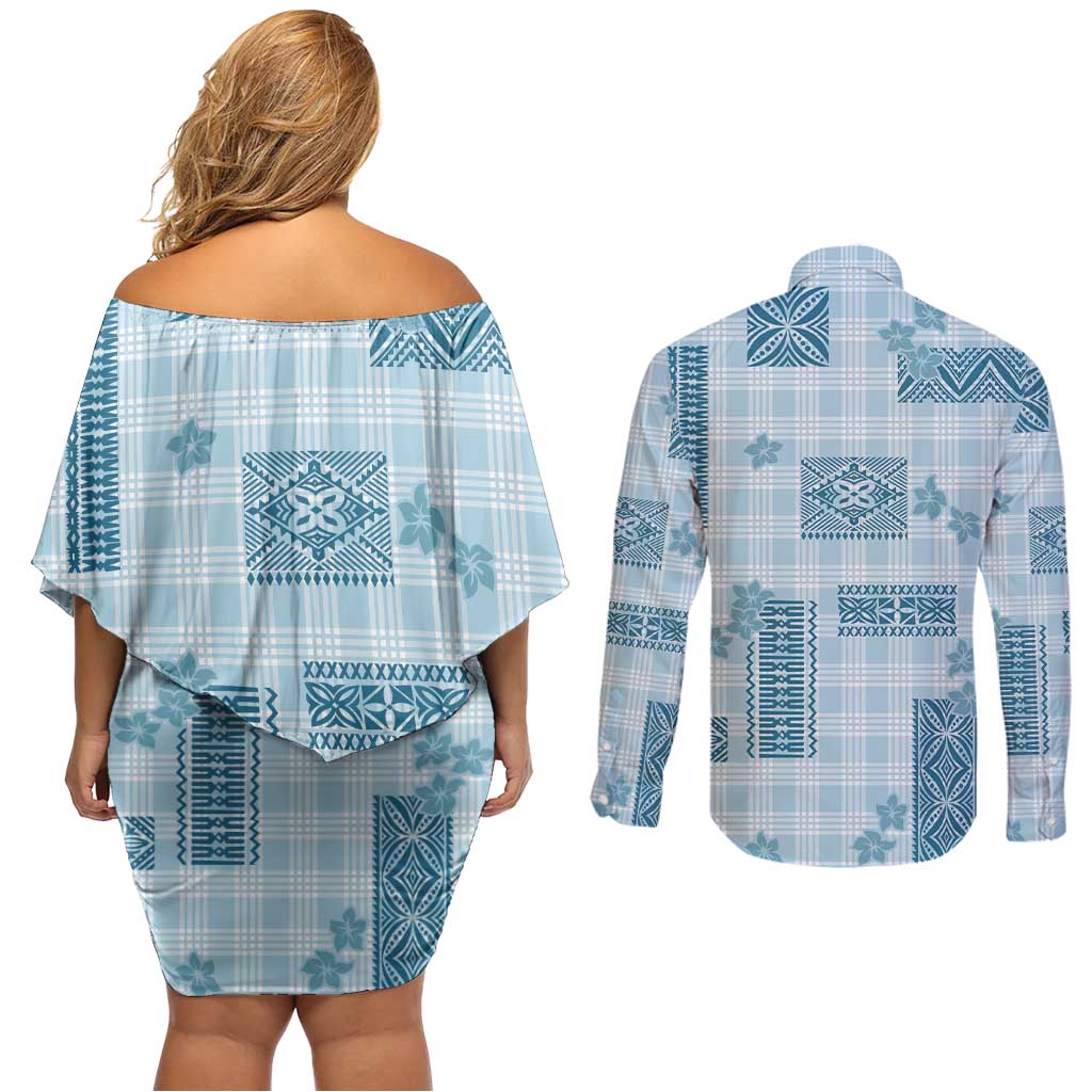 Hawaiian Quilt Tapa On Cold Blue Palaka Motifs Couples Matching Off Shoulder Short Dress and Long Sleeve Button Shirt