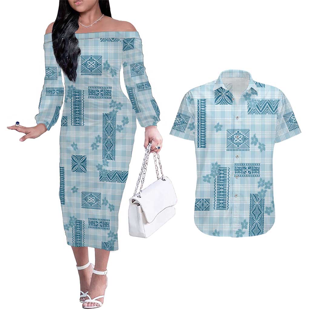 Hawaiian Quilt Tapa On Cold Blue Palaka Motifs Couples Matching Off The Shoulder Long Sleeve Dress and Hawaiian Shirt