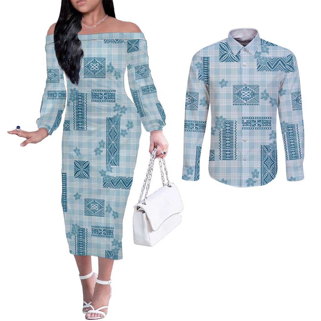 Hawaiian Quilt Tapa On Cold Blue Palaka Motifs Couples Matching Off The Shoulder Long Sleeve Dress and Long Sleeve Button Shirt