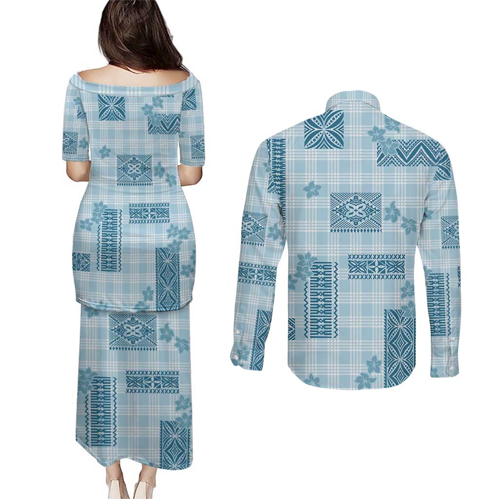 Hawaiian Quilt Tapa On Cold Blue Palaka Motifs Couples Matching Puletasi and Long Sleeve Button Shirt LT7 - Polynesian Pride