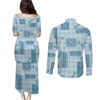 Hawaiian Quilt Tapa On Cold Blue Palaka Motifs Couples Matching Puletasi and Long Sleeve Button Shirt LT7 - Polynesian Pride