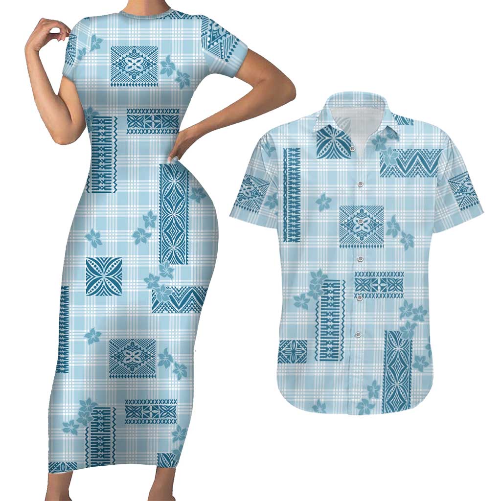 Hawaiian Quilt Tapa On Cold Blue Palaka Motifs Couples Matching Short Sleeve Bodycon Dress and Hawaiian Shirt