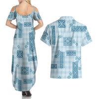 Hawaiian Quilt Tapa On Cold Blue Palaka Motifs Couples Matching Summer Maxi Dress and Hawaiian Shirt