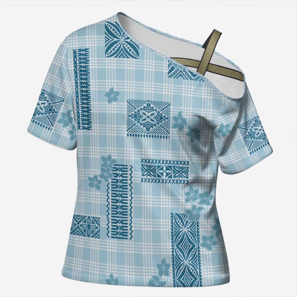 Hawaiian Quilt Tapa On Cold Blue Palaka Motifs Cross Shoulder Shirt LT7 Female Azure - Polynesian Pride
