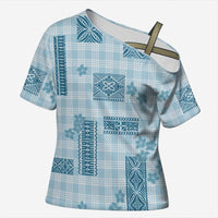 Hawaiian Quilt Tapa On Cold Blue Palaka Motifs Cross Shoulder Shirt LT7 Female Azure - Polynesian Pride