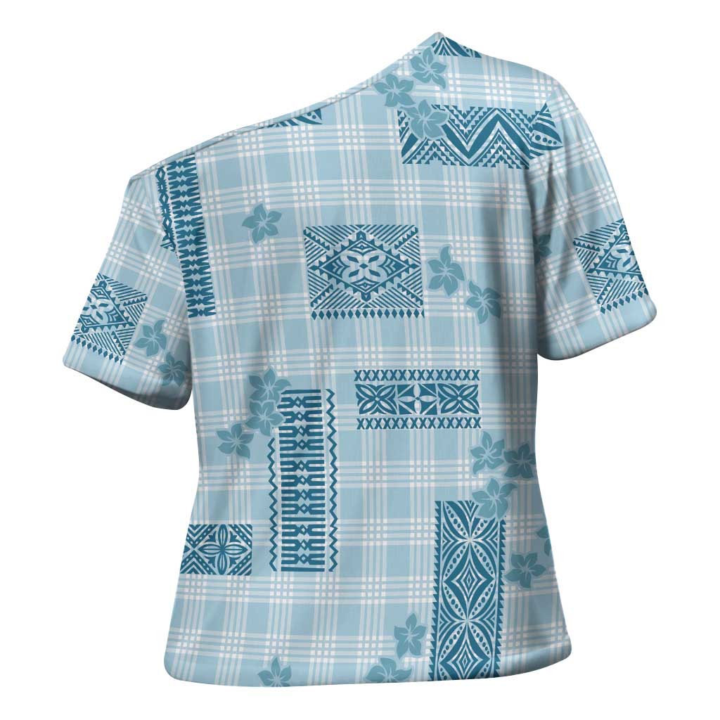 Hawaiian Quilt Tapa On Cold Blue Palaka Motifs Cross Shoulder Shirt LT7 - Polynesian Pride