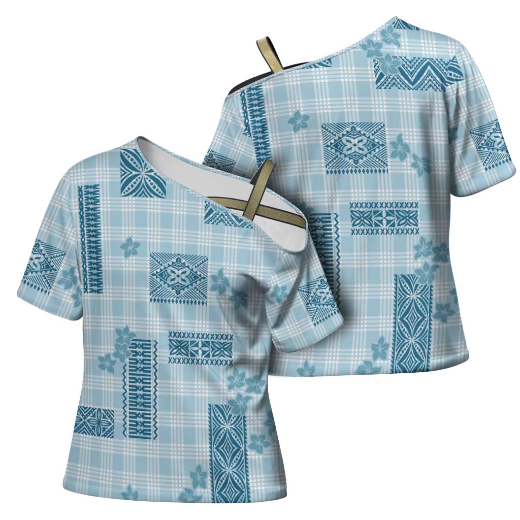 Hawaiian Quilt Tapa On Cold Blue Palaka Motifs Cross Shoulder Shirt LT7 - Polynesian Pride