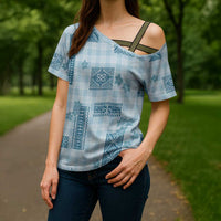 Hawaiian Quilt Tapa On Cold Blue Palaka Motifs Cross Shoulder Shirt LT7 - Polynesian Pride