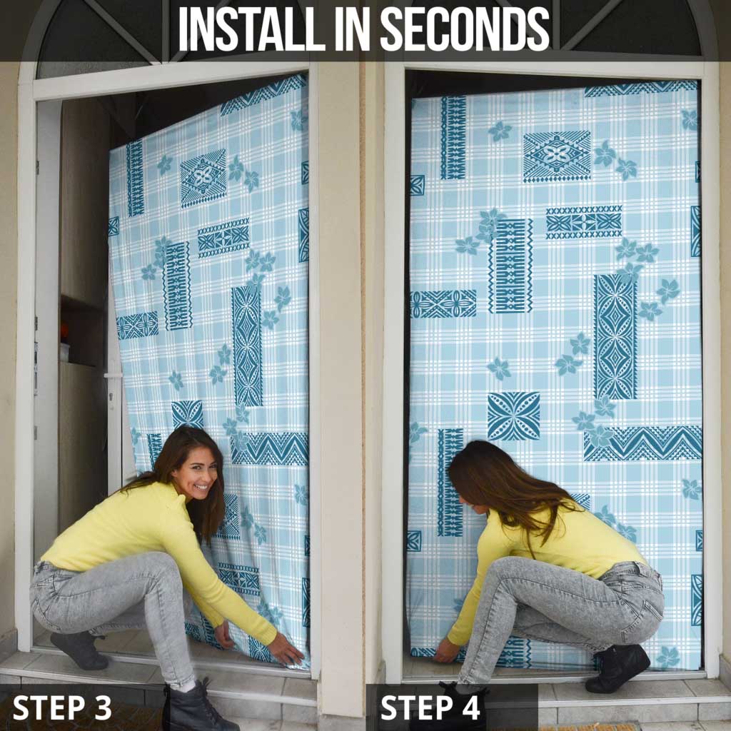 Hawaiian Quilt Tapa On Cold Blue Palaka Motifs Door Cover