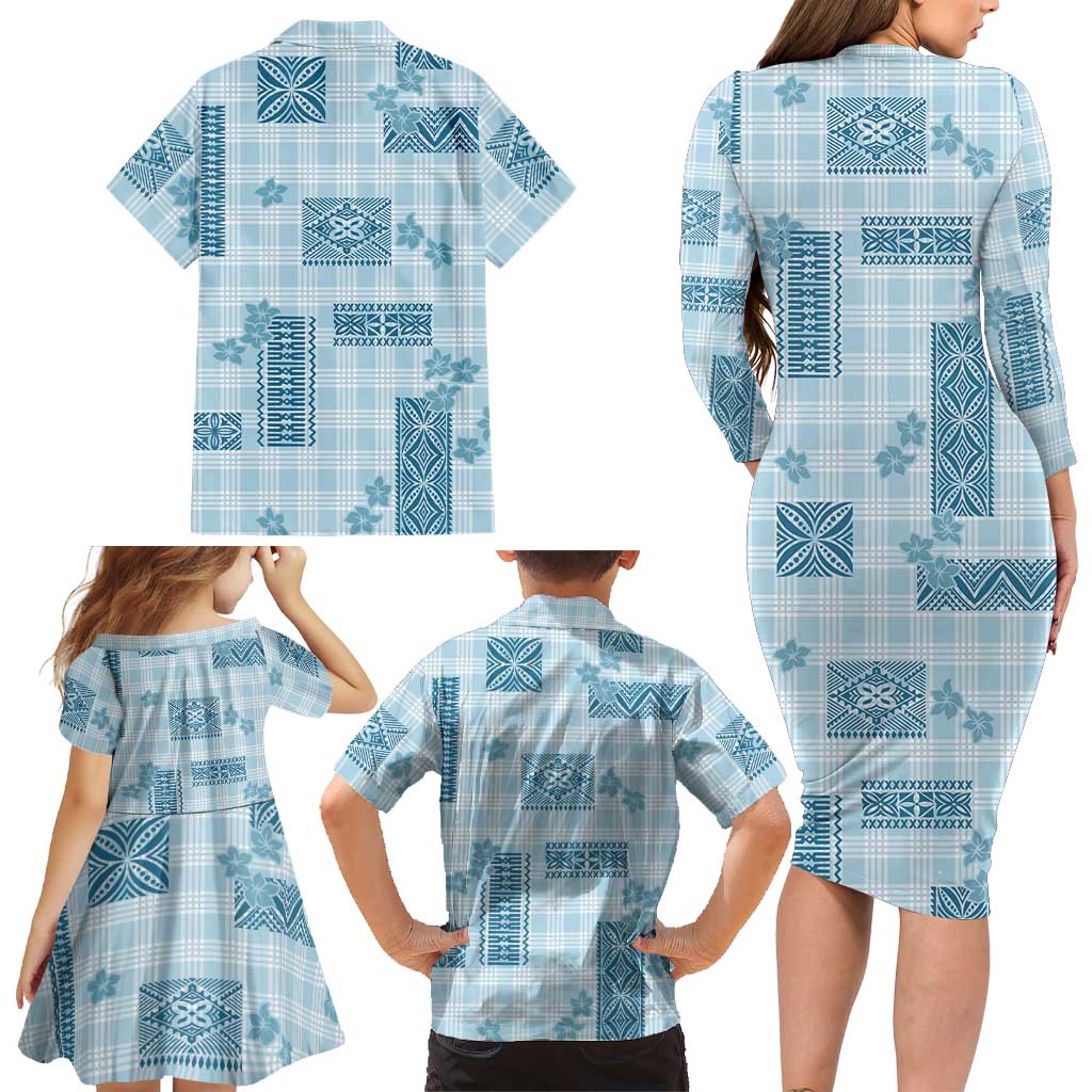 Hawaiian Quilt Tapa On Cold Blue Palaka Motifs Family Matching Long Sleeve Bodycon Dress and Hawaiian Shirt