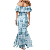 Hawaiian Quilt Tapa On Cold Blue Palaka Motifs Family Matching Mermaid Dress and Hawaiian Shirt