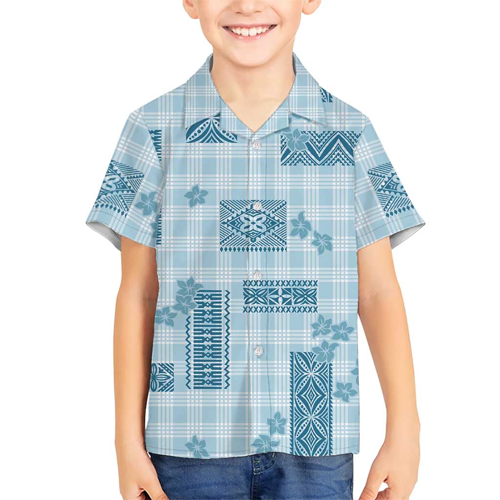 Hawaiian Quilt Tapa On Cold Blue Palaka Motifs Family Matching Off The Shoulder Long Sleeve Dress and Hawaiian Shirt