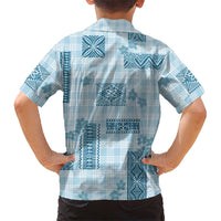 Hawaiian Quilt Tapa On Cold Blue Palaka Motifs Family Matching Off Shoulder Short Dress and Hawaiian Shirt