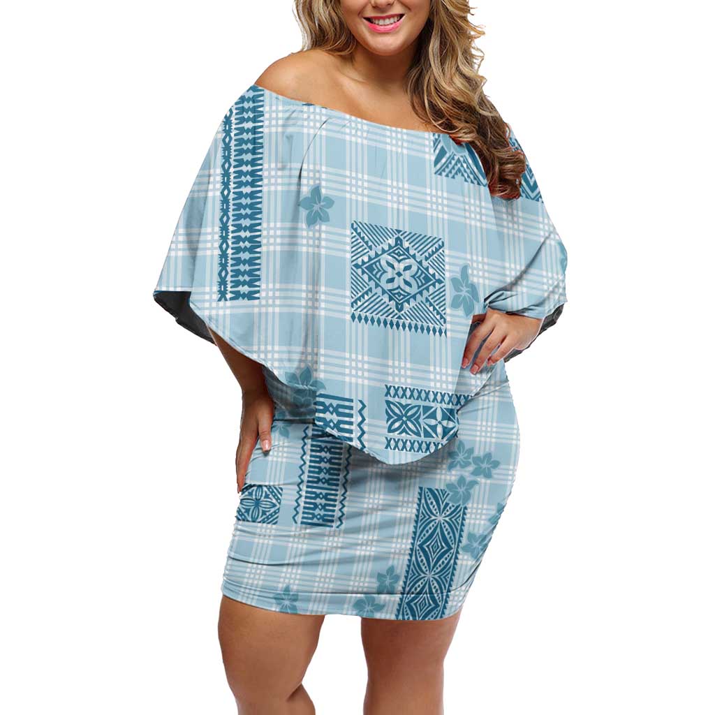 Hawaiian Quilt Tapa On Cold Blue Palaka Motifs Family Matching Off Shoulder Short Dress and Hawaiian Shirt