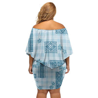 Hawaiian Quilt Tapa On Cold Blue Palaka Motifs Family Matching Off Shoulder Short Dress and Hawaiian Shirt