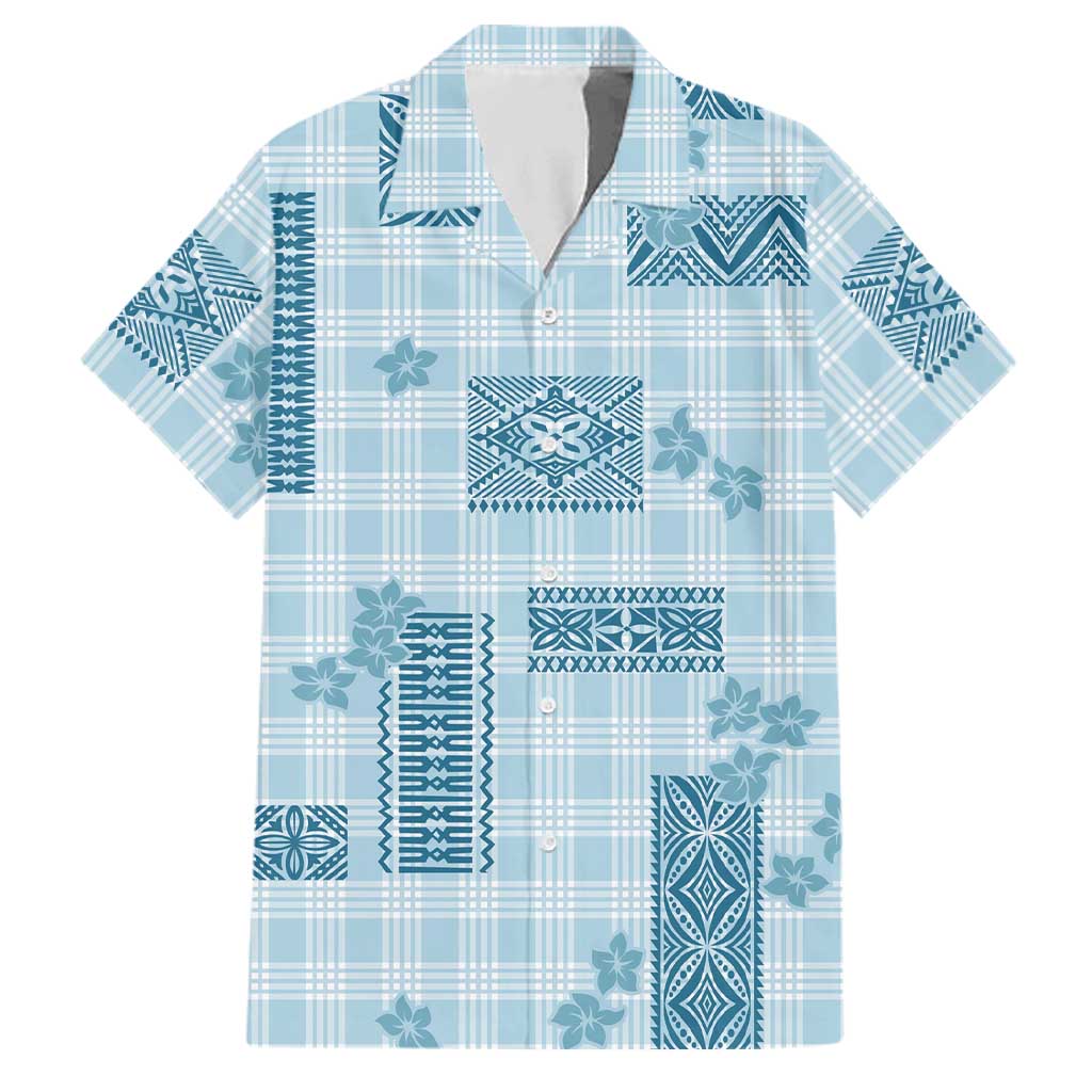 Hawaiian Quilt Tapa On Cold Blue Palaka Motifs Family Matching Puletasi and Hawaiian Shirt