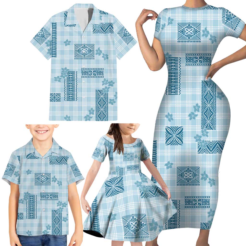 Hawaiian Quilt Tapa On Cold Blue Palaka Motifs Family Matching Short Sleeve Bodycon Dress and Hawaiian Shirt