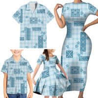 Hawaiian Quilt Tapa On Cold Blue Palaka Motifs Family Matching Short Sleeve Bodycon Dress and Hawaiian Shirt