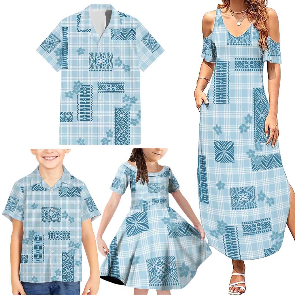 Hawaiian Quilt Tapa On Cold Blue Palaka Motifs Family Matching Summer Maxi Dress and Hawaiian Shirt