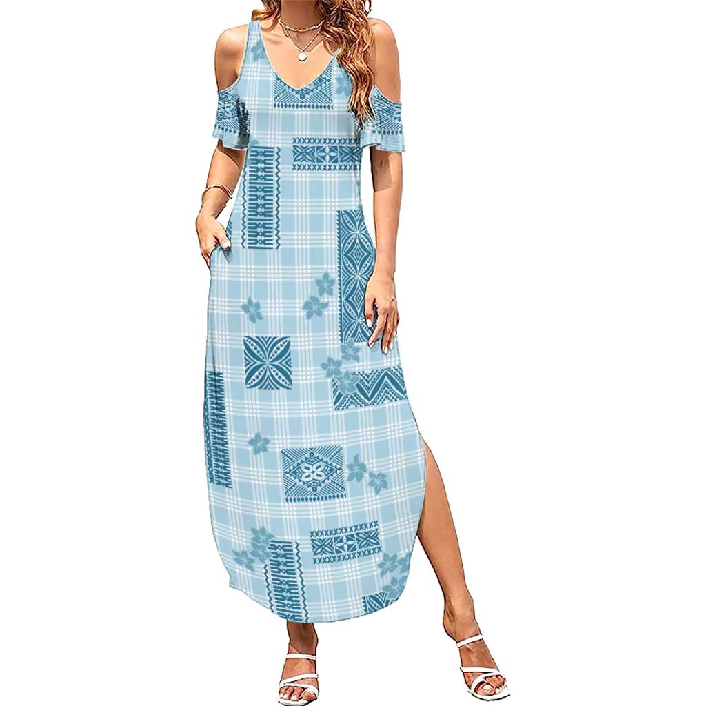 Hawaiian Quilt Tapa On Cold Blue Palaka Motifs Family Matching Summer Maxi Dress and Hawaiian Shirt