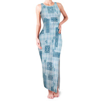 Hawaiian Quilt Tapa On Cold Blue Palaka Motifs Family Matching Tank Maxi Dress and Hawaiian Shirt