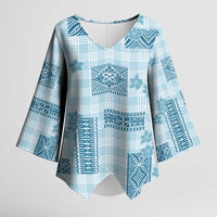 Hawaiian Quilt Tapa On Cold Blue Palaka Motifs Kimono Sleeve Blouse LT7 Female Azure - Polynesian Pride
