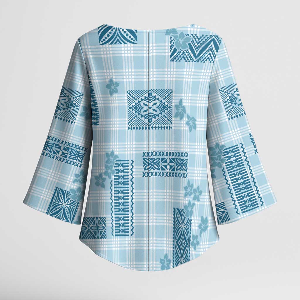 Hawaiian Quilt Tapa On Cold Blue Palaka Motifs Kimono Sleeve Blouse LT7 - Polynesian Pride