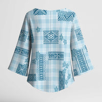 Hawaiian Quilt Tapa On Cold Blue Palaka Motifs Kimono Sleeve Blouse LT7 - Polynesian Pride