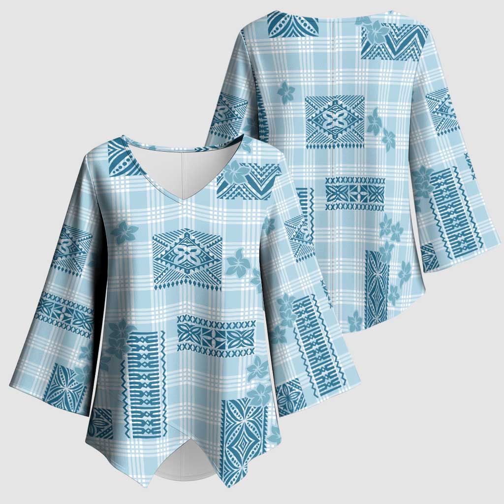Hawaiian Quilt Tapa On Cold Blue Palaka Motifs Kimono Sleeve Blouse LT7 - Polynesian Pride